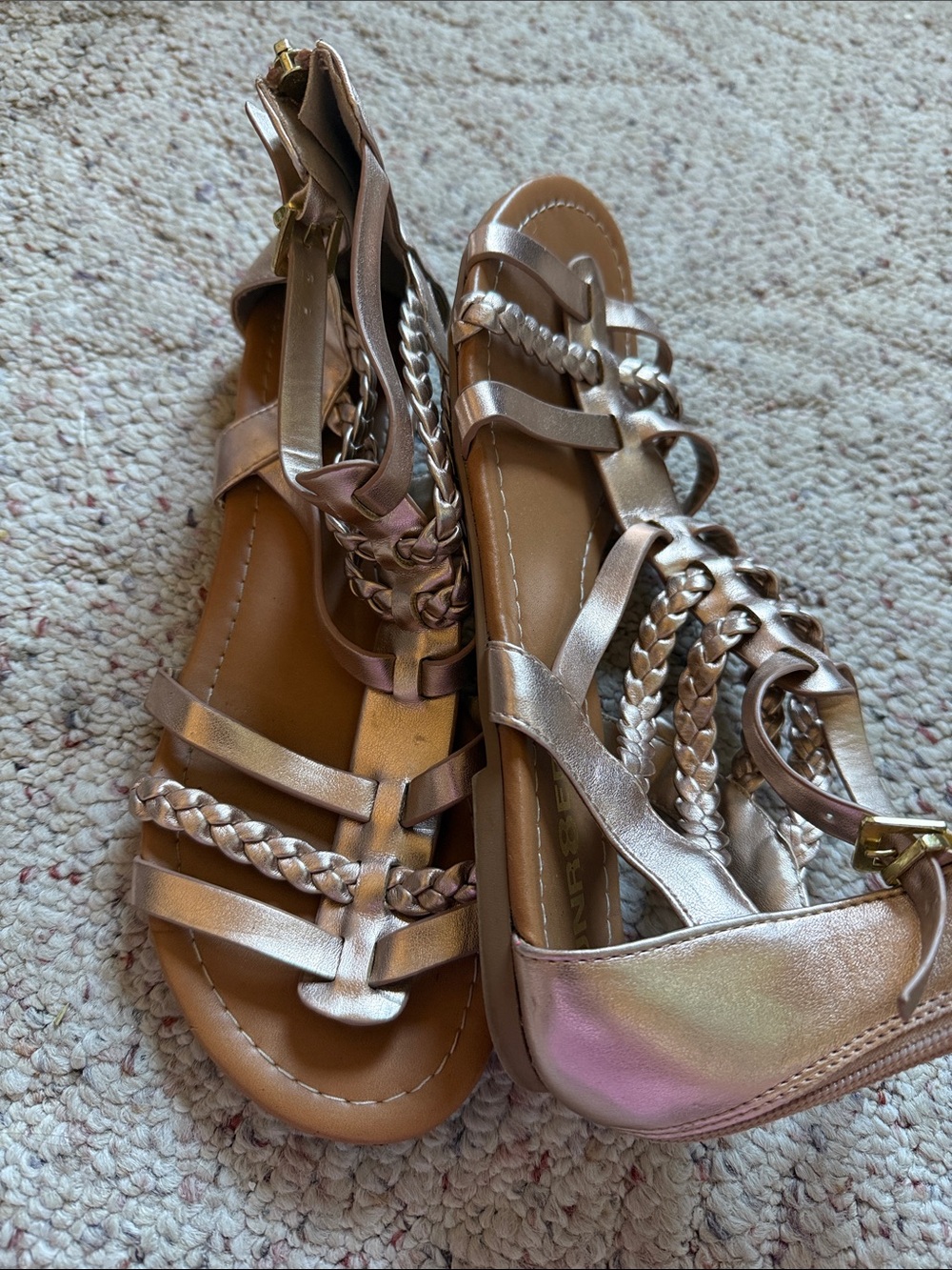 Braided Metallic Rose Sandals with Ankle Strap